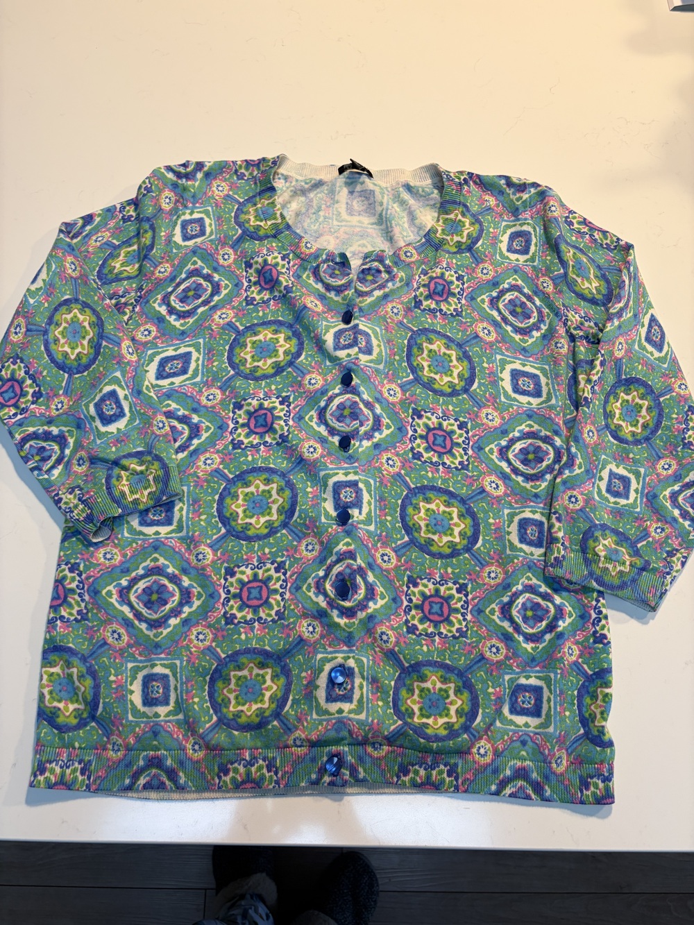 Talbots Women's Cardigan Sweater Multicolor Geometric Pattern Size L 3/4 Sleeve